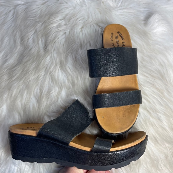 Kork-Ease Shoes - Kook-Ease Black Leather Double Strap Wedge Mules Sz 7